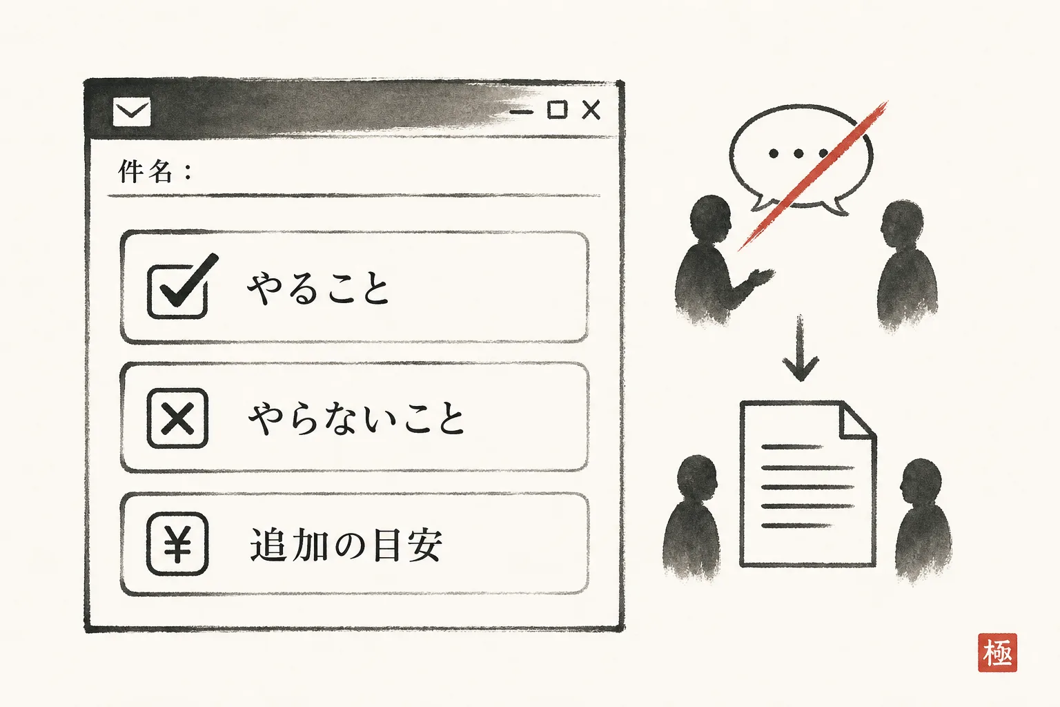 確認メールに入れる3項目(やること・やらないこと・追加の目安)を示す文書構造図