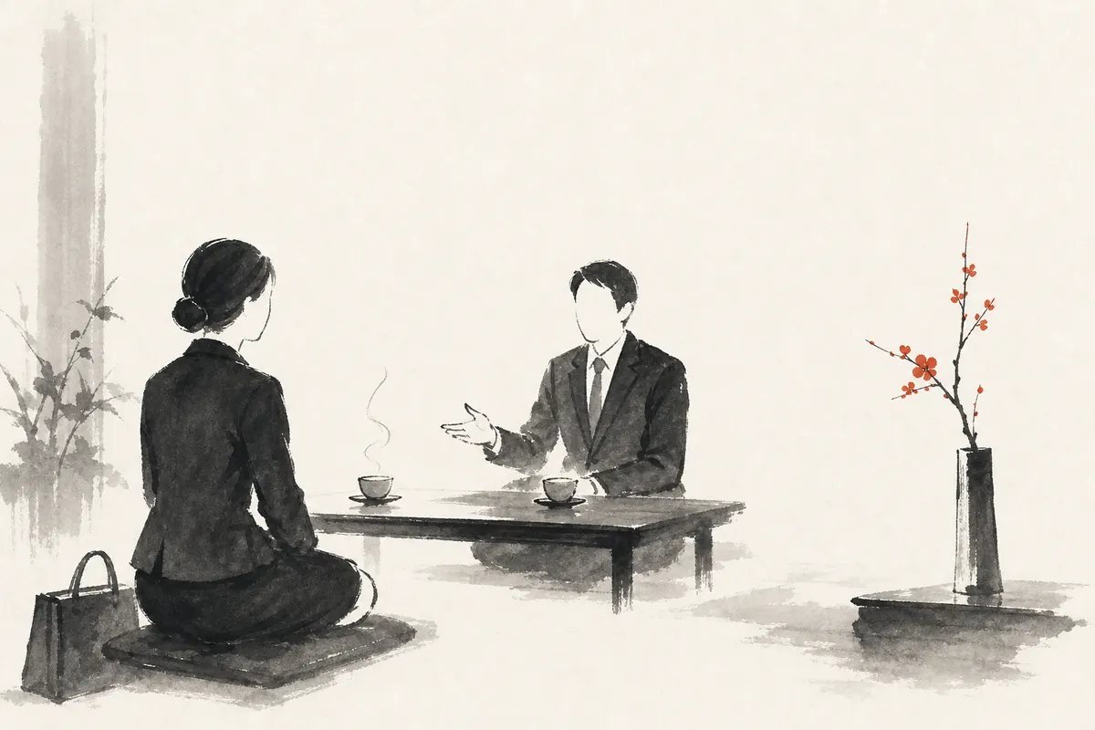 会社訪問での立ち居振る舞い｜受付・コート・カバンの置き場所のイメージイラスト